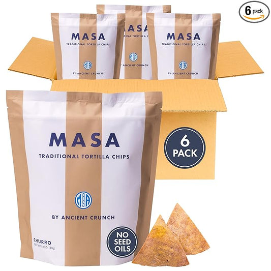 MASA Tortilla Chips - Churro Chips - No Seed Oil Snacks - Corn TortillaChips - Made with Grass Fed Beef Tallow, Powdered Sugar, Royal Cinnamon,Sea Salt - Sweet and Salty Snacks - 6 Pack - 5 oz/Pack