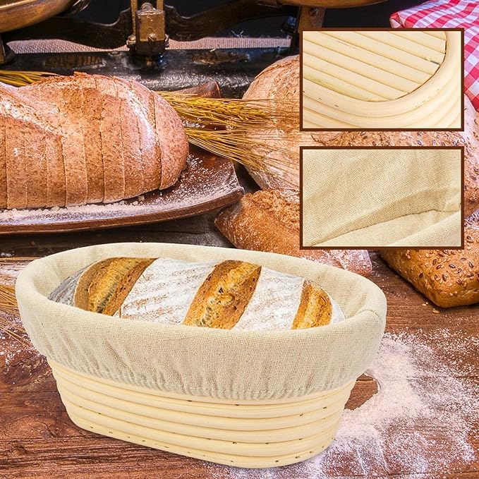 2 PCS 10 inch Oval Long Banneton Brotform Bread Dough Proofing Rising Rattan Basket & Liner for Professional & Home Bakers