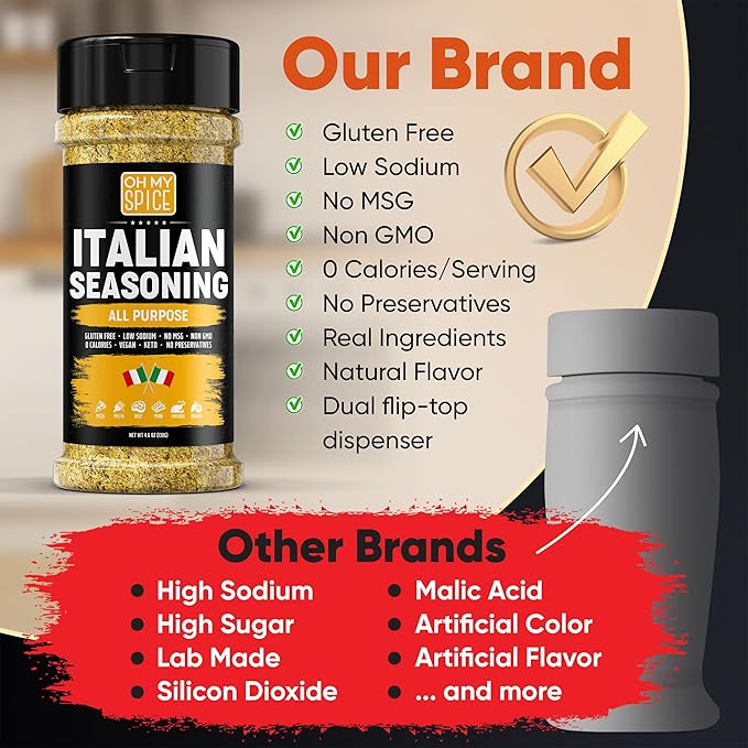 Italian Seasoning Blend All Purpose Seasoning Mix - Gluten Free & Low Sodium Pizza Seasonings for Bruschetta & Spaghetti. Mediterranean Everything Spice Herbs for Italian Food. Pizza Toppings. 4.6oz