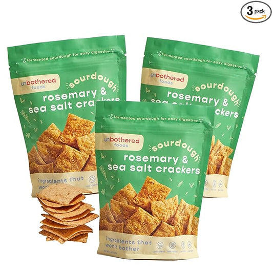 Unbothered Foods Rosemary & Sea Salt Sourdough Crackers - Gut-Friendly & Easy to Digest, Non-GMO, No Added Sugar, Nut-Free, Perfect for Cheese & Snacks, 100% Naturally Fermented (3-pack)