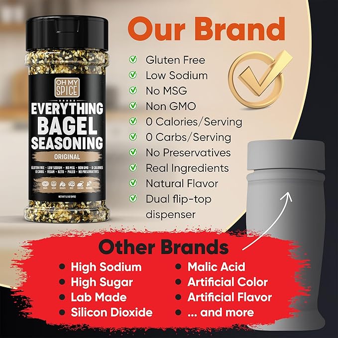 Everything Bagel Seasoning Blend - Gluten Free & Low Sodium Avocado Toast Seasoning. Vegetable Seasonings with Spices & Toasted Sesame Seeds. Egg, Meat & Salmon Keto Seasonings. Salad Toppings. 5.2oz