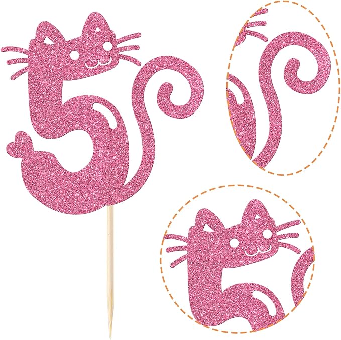 1 Pack Cat Cake Topper 5th Birthday Cake Pick Glitter Cute Pet Cat Cake Decoration for Cat Theme Baby Shower Kids Five Birthday Wedding Party Cake Decorations Supplies Pink