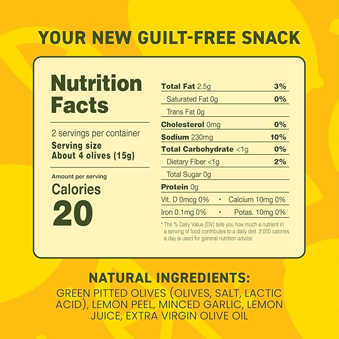 Freestyle Snacks Olive Snack Packs - Single Serve - Fresh Pitted Green Olives, Jumbo-Sized, Grown in Greece, All Natural, Non-GMO, Paleo, Sugar-Free, Keto, Salty Snack - Lemon Garlic, 1.1oz (6 Pack)