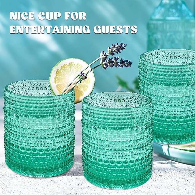 Set of 4 Vintage 12 oz Crystal Glasses, Old Fashioned Glass Cups for Water, Juice, Coffee, and Beer (Aqua Blue)