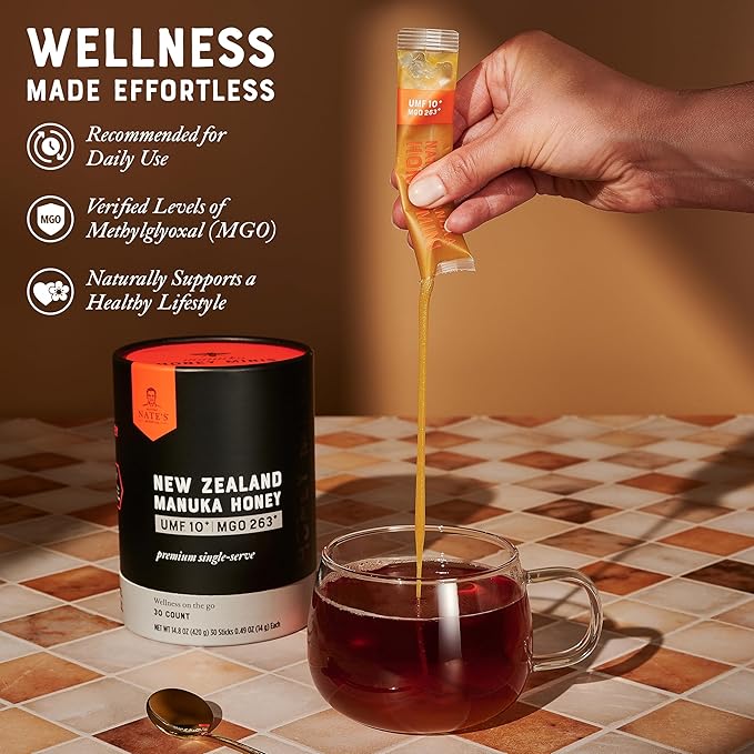 Nate's Manuka Honey Minis - 30 count Single-serve, Pure Manuka Honey - MGO 263+ | UMF Certified 10+ - 30 Single-Serve Packets for On-the-Go Daily Wellness