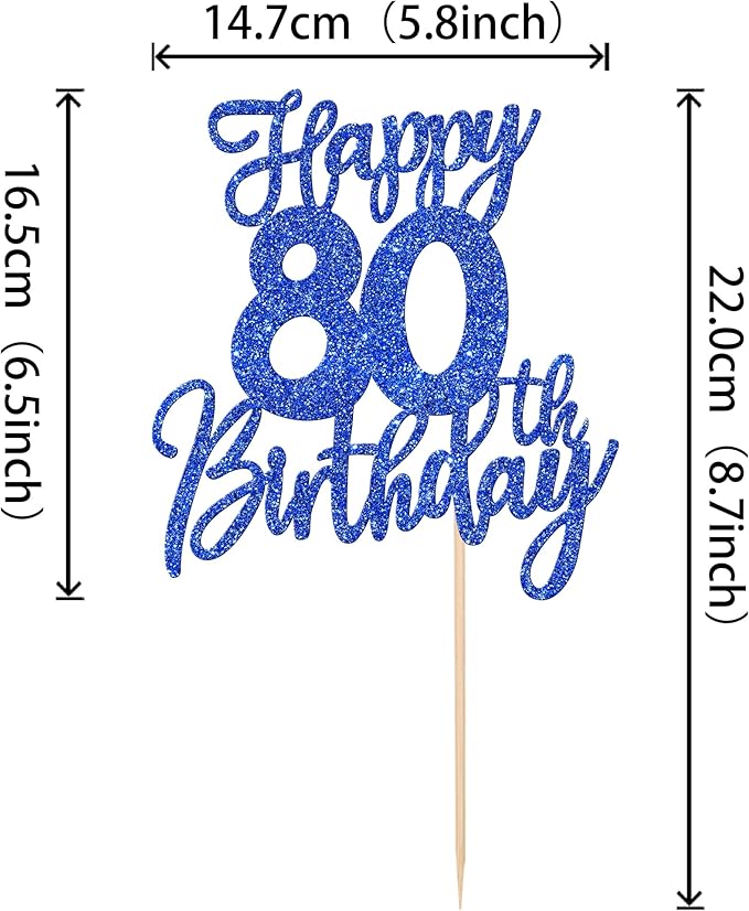 1 PCS Happy 80th Birthday Cake Topper Glitter Cheers to 80 Years Birthday Cake Pick Eighty Hello 80 Fabulous Cake Decoration for Happy 80th Birthday Anniversary Party Decorations Supplies Blue