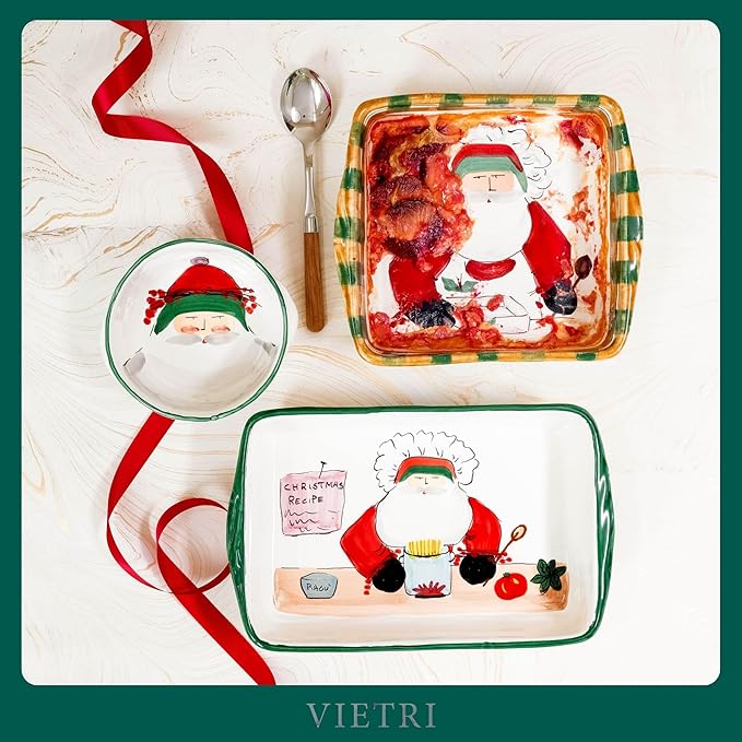 Vietri Old St. Nick Square Baker with Chef, Christmas Oven Baking Dish, 10" Square Earthenware Bake & Serve Pan, Multi-Color