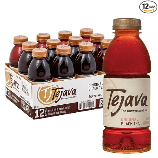 Tejava Original Unsweetened Black Iced Tea, 12 Pack, 16.9oz PET Bottles, Non-GMO, Kosher, No Sugar or Sweeteners, No calories, No Preservatives, Brewed in Small Batches