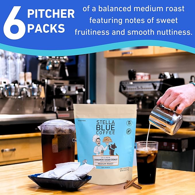 Stella Blue Cold Brew Coffee Packets, Cinnamon Sugar Donut, Medium Roast Ground Coffee, Warm Cinnamon, Sweet Sugar and Donut Pastry Notes, 100% Arabica, 6 Brew Packets, Makes 24 Bold Cups