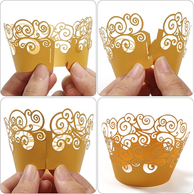 Cupcake Wrappers, KPOSIYA 50 Pack Cupcake Wraps Filigree Artistic Bake Cake Paper Cup Little Vine Laser Cut Liner Baking Cups Muffin Case Trays for Wedding Party Birthday Decoration (50, Black)