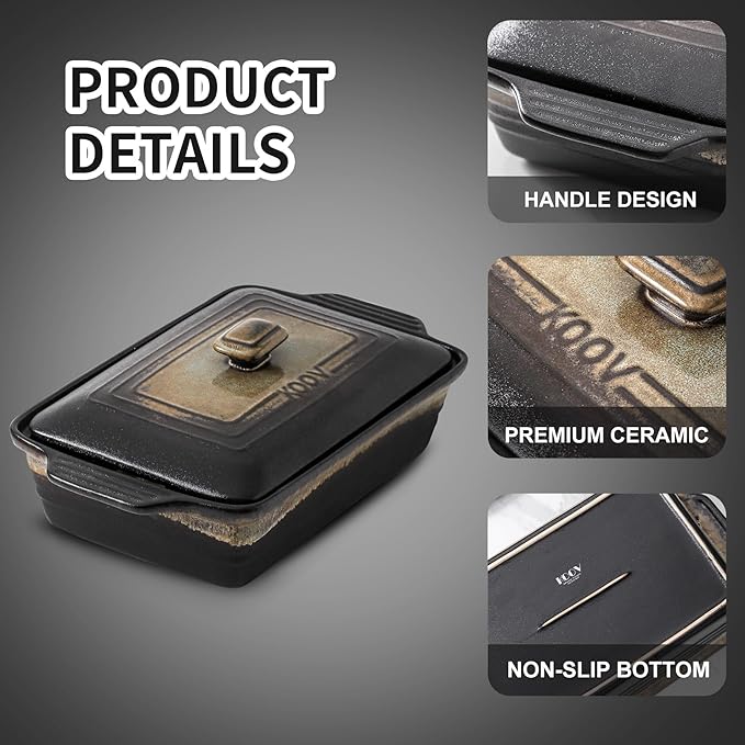 KOOV Ceramic Casserole Dish with Lid, Covered Rectangular Casserole Dish Set, Lasagna Pans with Lid for Cooking, Baking dish With Lid for Dinner, 9 x 13 Inches, Stripe Series (Rough Black)