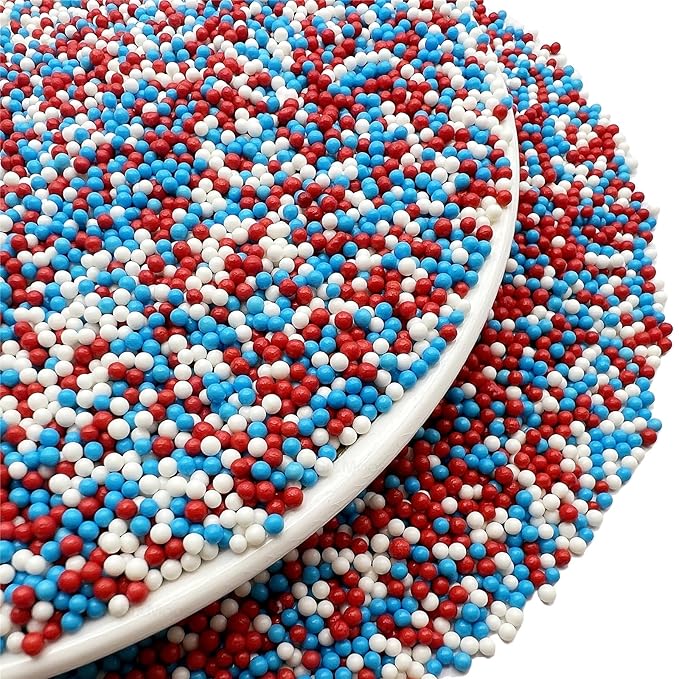 SE Si&Moos 4th of July Nonpareil Sprinkles, 2mm Red White and Blue Mini Edible Pearls Patriotic Sprinkles Independence Day Cupcake Decorations Red White Blue Nonpareils Wedding Shower Party Christmas Holiday Supplies 3.5 OZ