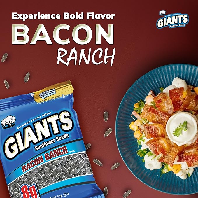 Giants Bacon Ranch Sunflower Seeds Bulk - Flavored Sunflower Seed Snack, Roasted Sunflower Seeds to Eat - 5 oz Resealable Bags (Pack of 12)