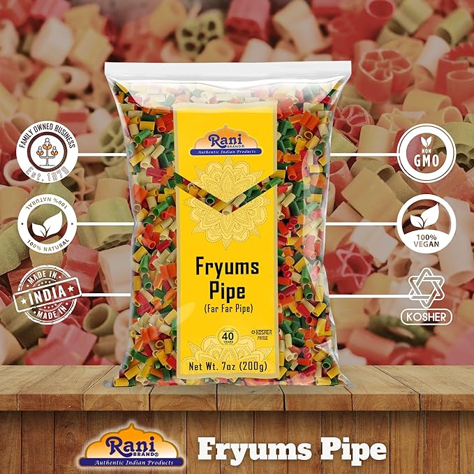 Rani Far Far/Fryums (Wheat & Tapioca Pellet) Round/Pipe Shape 7oz (200g) ~ Vegan, Kosher, Uncooked, Used to Make Papad, Bhungra/Chip Snack