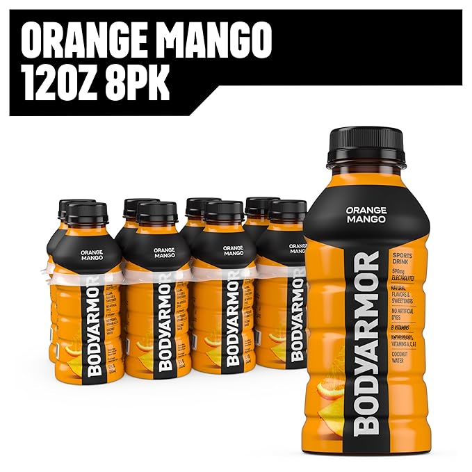 BODYARMOR Sports Drink Sports Beverage, Orange Mango, Coconut Water Hydration, Natural Flavors With Vitamins, Potassium-Packed Electrolytes, Perfect For Athletes, 12 Fl Oz (Pack of 8)
