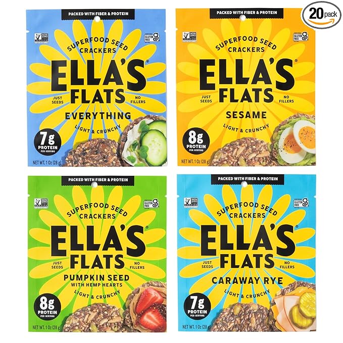 ELLA’S FLATS® Variety All Seed Savory Crisps – All Natural, Gluten Free, Good Source of Protein, High Fiber, Vegan and Keto Friendly (Variety Snack Pack, 20 Pack)