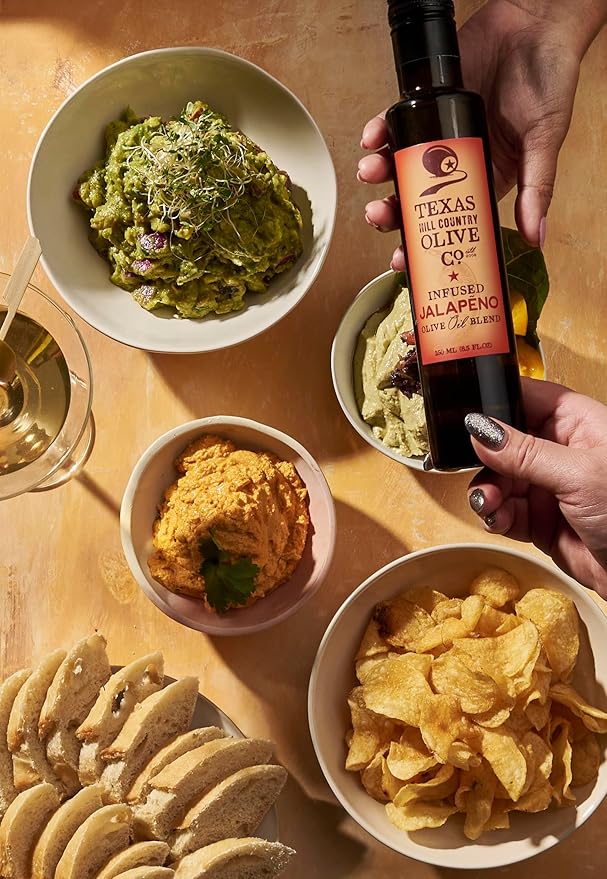 Texas Hill Country Olive Co Jalapeno Infused Olive Oil - Cold Pressed Gourmet EVOO Olive Oil - Great for Dressing Dipping Marinade - No Artificial Flavors or Added Sugar - Made in Texas (8.5 oz)