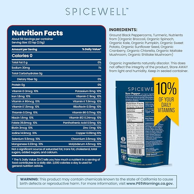 Spicewell New Pepper Pouch - Ayurvedic Black Pepper with Turmeric & 21 Plant-Based Vitamins and Minerals - Fine Ground, Fresh Cracked Flavor, 5oz