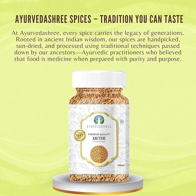 AYURVEDASHREE Fenugreek (Methi) Seeds Whole 100gm | Trigonella foenum graecum | All Natural | Vegan | Non-GMO | Indian Origin, used in cooking & Ayurvedic spice