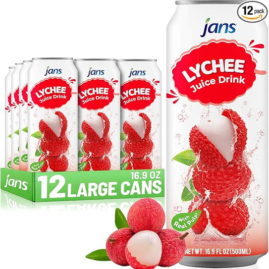 Jans Tropical Lychee Juice Drink with 100% Real Lychee Jelly (12-Pack,16.9 Fl Oz Canned) - Superior