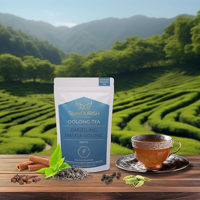 TeaNOURISH Darjeeling Masala Oolong Tea | Darjeeling Loose Leaves | Blended with Cardamom, Cinnamon, Clove | Smooth, Creamy & Earthy Taste - 3.53oz/100g (Pack of 2)