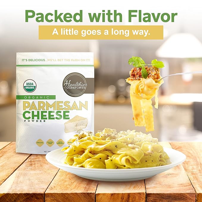 Healthier Comforts Organic Parmesan Cheese Powder, Kosher, Non-GMO, Chemical Free, Gluten Free, Keto Friendly, From Cows Raised Free of Antibiotics or Hormones (rBGH or rBST) (7 Ounce (Pack of 1), Organic Parmesan)