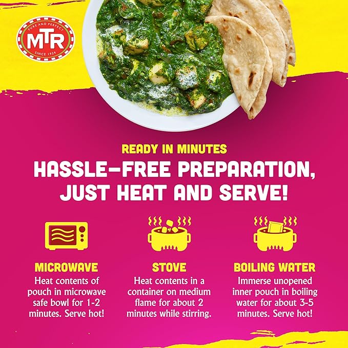 MTR - Minute Meals: Palak Paneer - Spiced Spinach Gravy with Cottage Cheese - Tasty Indian Meal with No Added Preservatives - A Quick Meal Suitable for Vegetarians, Ready in Minutes! (Pack of 6)