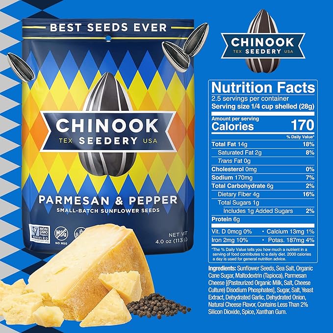 Chinook Seedery Roasted Jumbo Sunflower Seeds - Keto Snacks - Best For Snack Packs - Gluten Free, Non GMO Snack Food Gifts - 4 ounce (Pack of 12) - Parmesan & Pepper Flavor