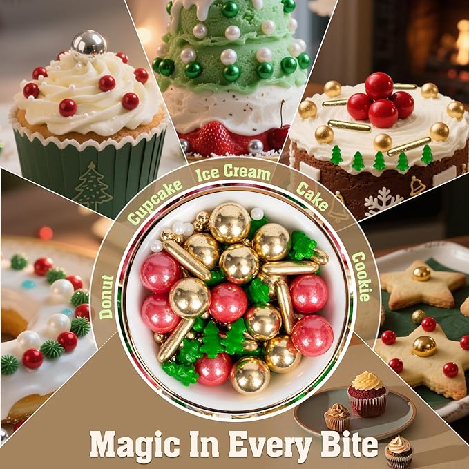 Twisweet Christmas Sprinkles, Gold and Red Pearls for Cake Decorating, Edible Christmas Tree Sugar Sprinkles for Baking, Candy Pearls Rods Mix, Cake Topper Ice Cream Cupcake Cookie Toppings Dessert Decorations, Xmas Party Supplies (130g/4.58oz)