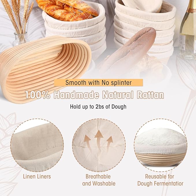 Gejoy 20 Sets Bread Proofing Baskets Bulk Shaped Banneton Dough Proofing Bowls Kit with Cloth Liner and Plastic Scraper Sourdough Proofing Basket for Home Sourdough Bakers (Round, Oval, 9'', 10'')