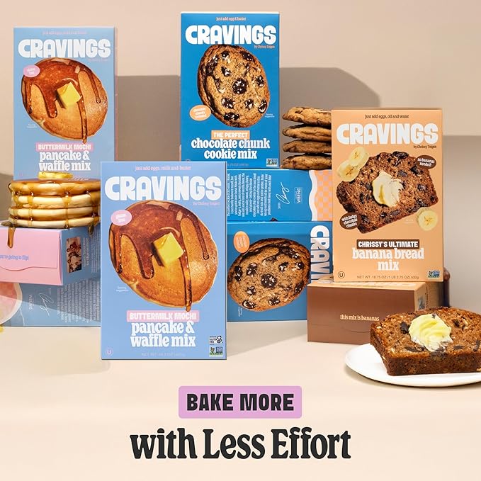 Cravings Family Baking Bundle by Chrissy Teigen ??Banana Bread, Mochi Pancake & Waffle, and Chocolate Chip Cookie Mix ??3-Pack Variety Baking Mix Set