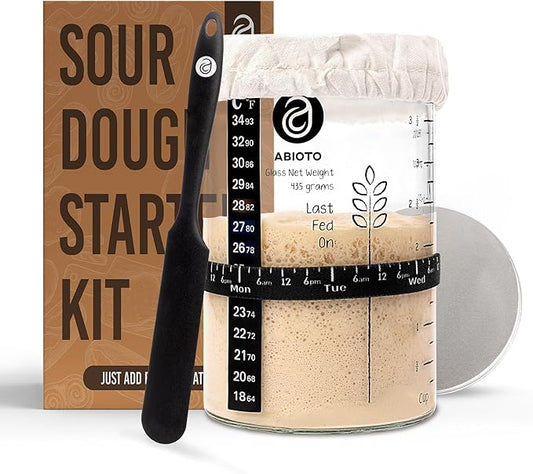 Sourdough Jar Kit, Includes 34 oz Sourdough Starter Jar with Metallic Lid, Silicone Spatula, Feeding Tracker, Extra Thermometer Strips & Breathable Covers ??Sourdough Bread Starter Kit