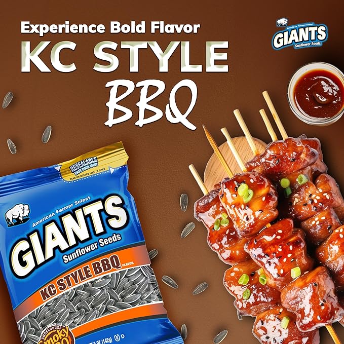 GIANTS KC Style BBQ Sunflower Seeds - Sunflower Seeds Bulk, Roasted Sunflower Seeds to Eat, BBQ Flavor, Healthy Snack with 8g Protein Per Serving - 5 oz Resealable Bags (Pack of 3)