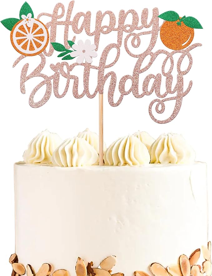 1 Pack Orange Cake Topper Glitter Happy Birthday Cake Pick for Fruit Theme Baby Shower Kids Birthday Party Tangerine Fruit Party Cake Decorations Supplies Rose Gold