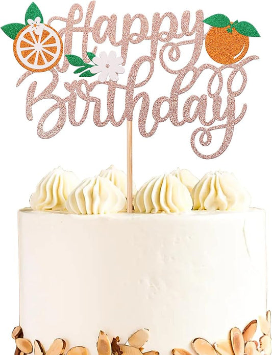1 Pack Orange Cake Topper Glitter Happy Birthday Cake Pick for Fruit Theme Baby Shower Kids Birthday Party Tangerine Fruit Party Cake Decorations Supplies Rose Gold