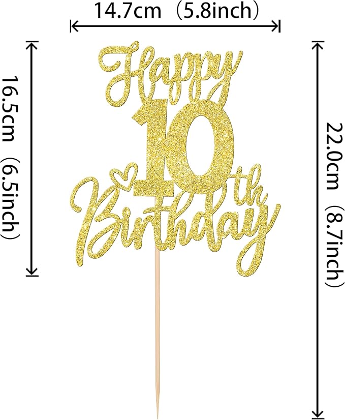 1 PCS Happy 10th Birthday Cake Topper Glitter Cheers to 10 Years Birthday Cake Pick Ten 10 Fabulous Cake Decoration for Happy 10th Birthday Anniversary Theme Party Decorations Supplies Gold
