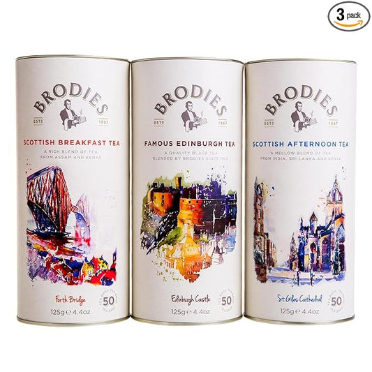 Brodies Tea, Scottish Tea Sampler, Breakfast, Afternoon & Famous Edinburgh, Black Tea Imported from Scotland, Canister of 50 Bags (Pack of 3)