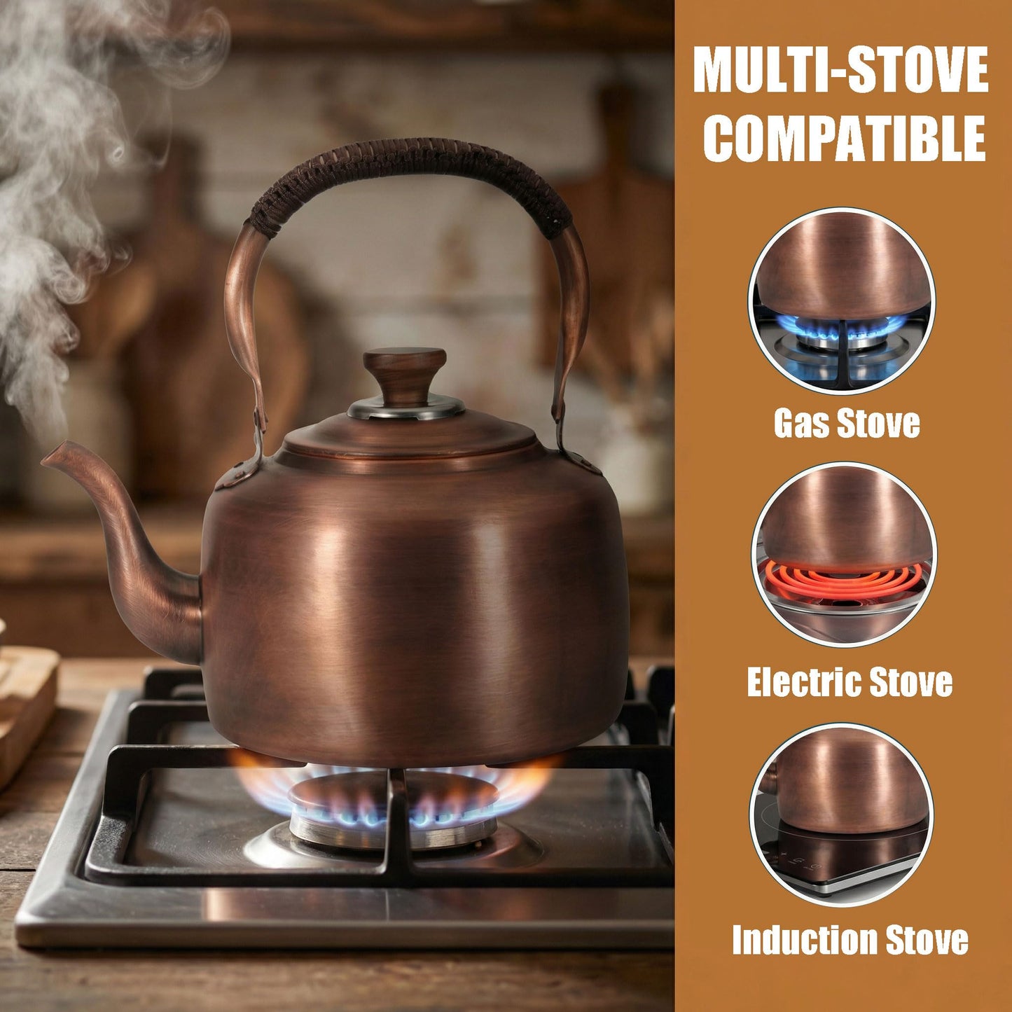 Tea Kettle Stovetop Whistling Copper Tea Pot for Stove 3.2QT Teapot Kettle