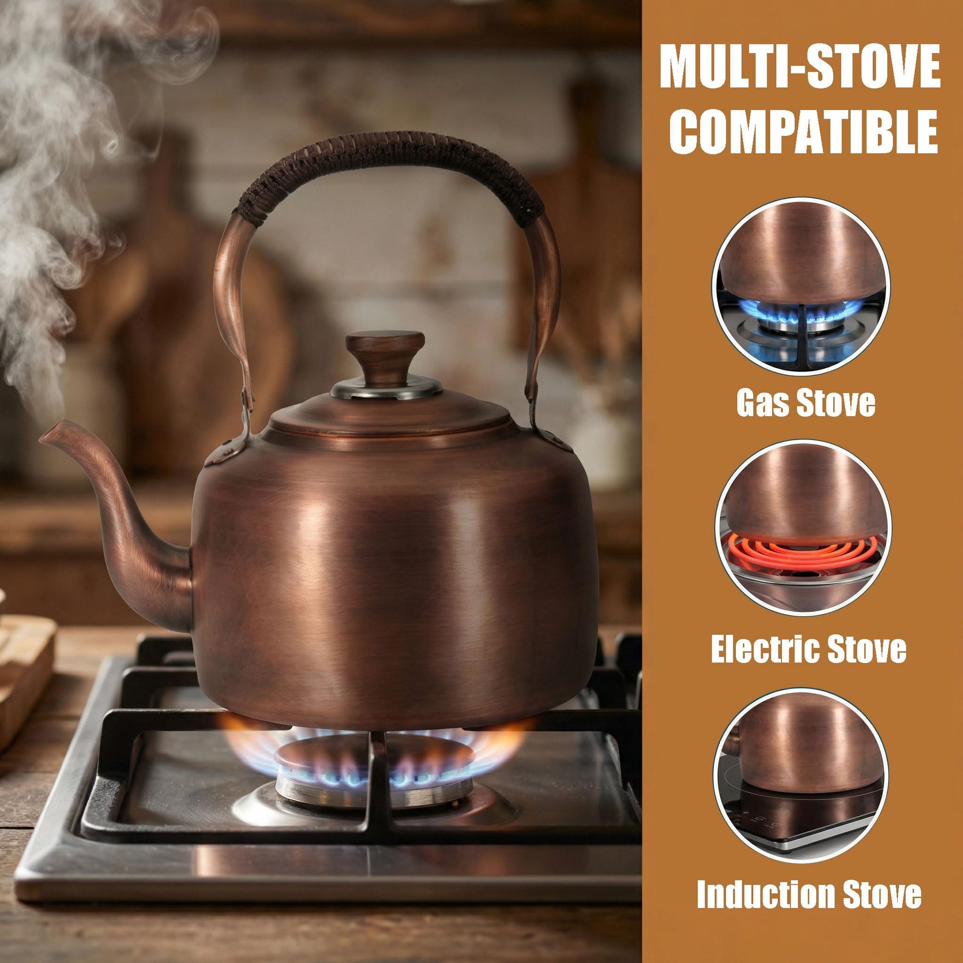 Tea Kettle Stovetop Whistling Copper Tea Pot for Stove 3.2QT Teapot Kettle