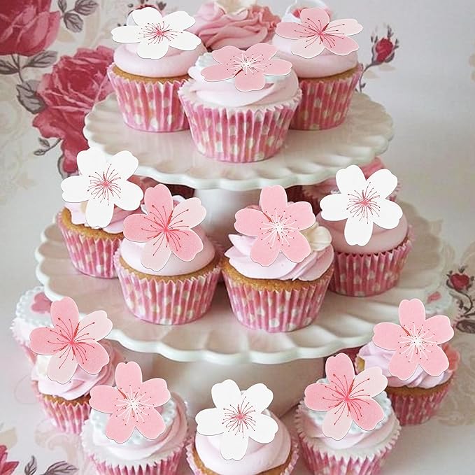 Rsstarxi 60 Pack Edible Cherry Blossoms Cupcake Toppers Rice Paper Cherry Blossoms Flowers Cupcake Picks for Baby Shower Wedding Birthday Party Cake Decorations Supplies