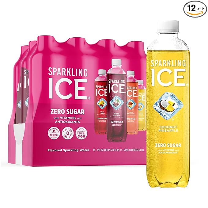 Sparkling Ice Pink Variety Pack, Flavored Sparkling Water, Zero Sugar, and Vitamins and Antioxidants, 17 fl oz, 12 count (Black Cherry, Peach Nectarine, Coconut Pineapple, Fruit Punch)