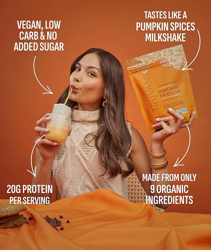 Truvani Vegan Pea Protein Powder | Pumpkin Spice | 20g Organic Plant Based Protein | 10 Servings |