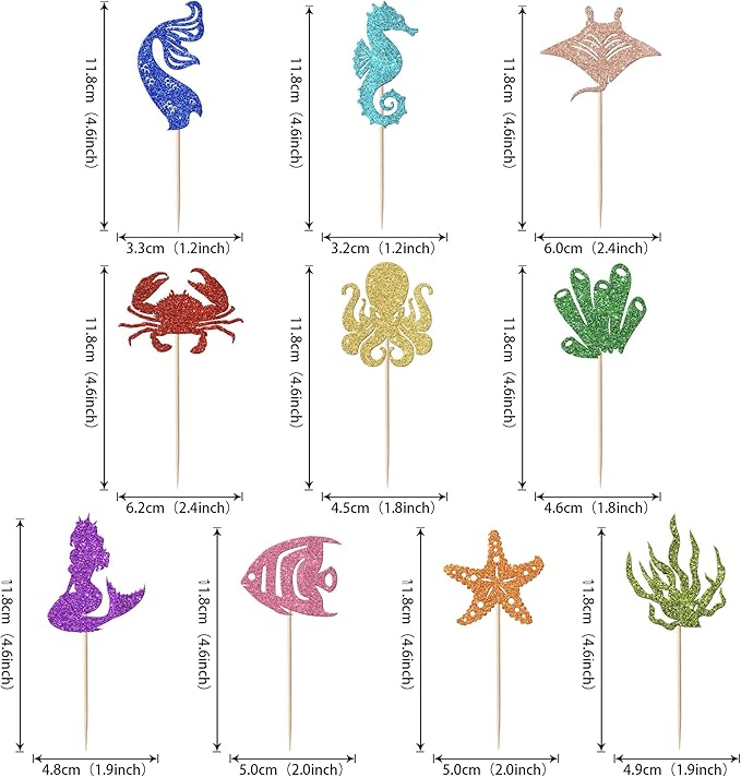 30 Pack Mermaid Cupcake Toppers Glitter Seahorse Starfish Mermaid Tail Cupcake Picks Octopus Jellyfish Mermaid Tail Cupcake Decorations for Baby Shower Under The Sea Birthday Cake Decorations