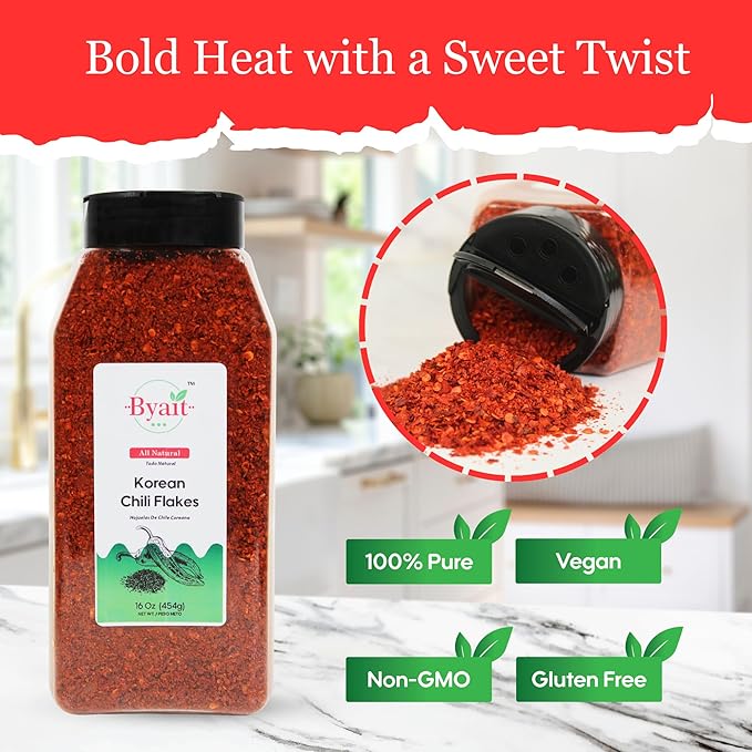 Byait Gochugaru Korean Chili Flakes 16 Oz (1 LB), Medium Hot, 100% Pure Red Chili Pepper Flakes for Authentic Korean Cooking, Kimchi, Chili Oil, and Seasoning