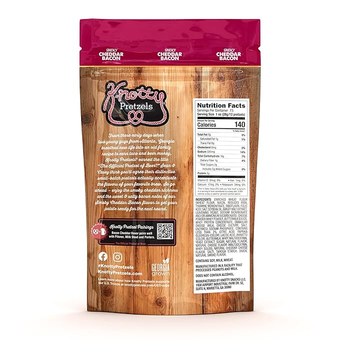 Knotty Pretzels - "The Official Pretzel of Beer" 7.5 Ounce Individual Seasoned Pretzel in Resealable Snack Bags - Smokey Cheddar Bacon (3 Pack)