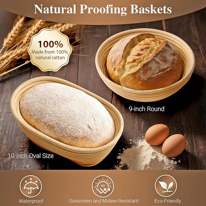 Sourdough Bread Proofing Basket Kit,9" Round and 10" Oval Banneton Basket with Liners & Covers,Bread Baking Supplies with Bread Lame, Dough Whisk, Brush,Bowl Scraper,Brush and Scraper