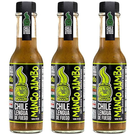 Hot Sauce | Chile Lengua de Fuego (Pack of 3, Mango Jambo) – Mild Mango Hot Sauce with Lime, Serrano, and Cilantro, Tropical Gourmet Salsa