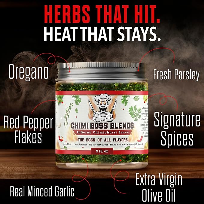 Chimi Boss Infierno Chimichurri Sauce, 9 fl oz – Spicy Argentinian Green Sauce with Fresh Parsley, Garlic, Oregano & Chili – All Natural Hot Herb Marinade – Made in USA