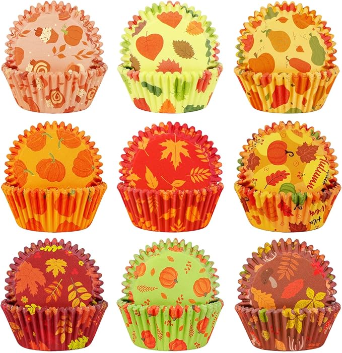 SANNIX 450pcs Fall Cupcake Liners, Thanksgiving Pumpkin Maple Leaf Cake Baking Cups Cupcake Wrappers Paper Wraps Muffin Liners for Autumn Thanksgiving Party Candy Cake Decorations Supplies(9 Designs)