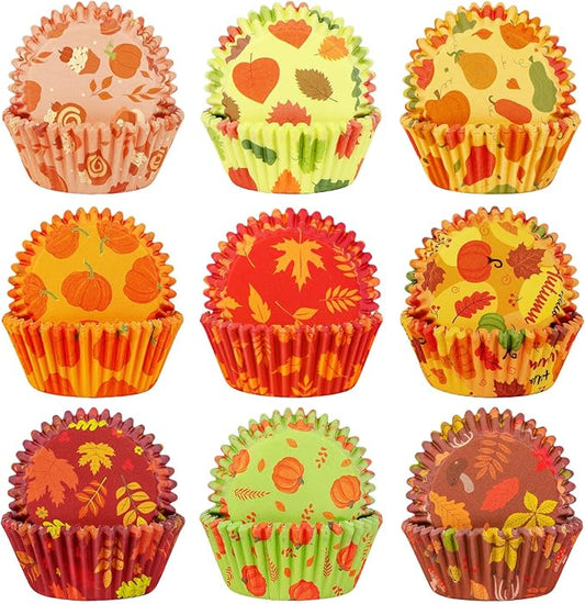 SANNIX 450pcs Fall Cupcake Liners, Thanksgiving Pumpkin Maple Leaf Cake Baking Cups Cupcake Wrappers Paper Wraps Muffin Liners for Autumn Thanksgiving Party Candy Cake Decorations Supplies(9 Designs)